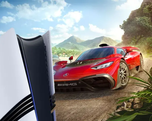 Konsola PS5 obok czerwonego supersamochodu na tle meksykańskiego krajobrazu. Data wydania Forza Horizon 5 już wkrótce!
