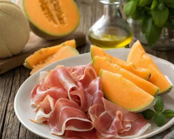 Piatto con fette di prosciutto e spicchi di melone, un classico antipasto italiano.