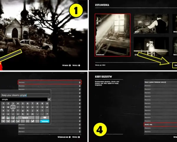Ekran gry RDR2 z menu kodów oszustw. Wpisujesz "Keep your dreams simple", by odblokować kody do rdr2.