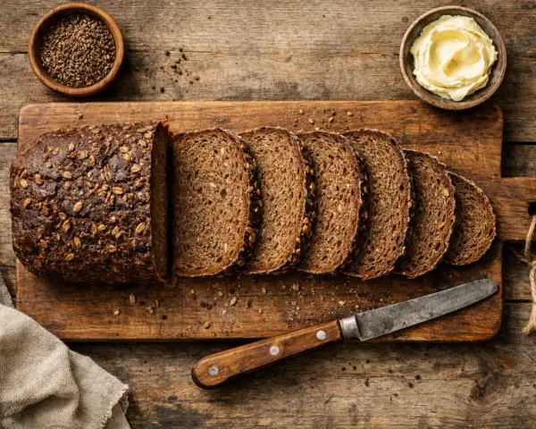 Ein Laib dunkles, kerniges Schwarzbrot, in Scheiben geschnitten, daneben Butter und Kümmelsamen. So sieht ein herzhaftes Schwarzbrot aus.