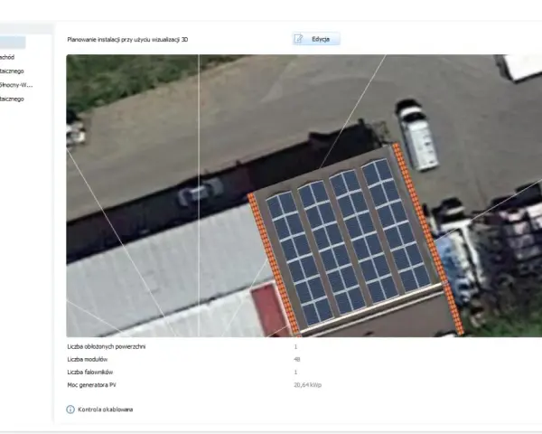 Projekt instalacji fotowoltaicznej na dachu budynku. Widoczne panele PV, dane techniczne: 48 modułów, moc 20,64 kWp.