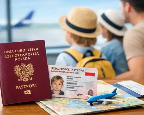Polski paszport i dowód osobisty (eea national id card co to) na tle rodziny czekającej na samolot.