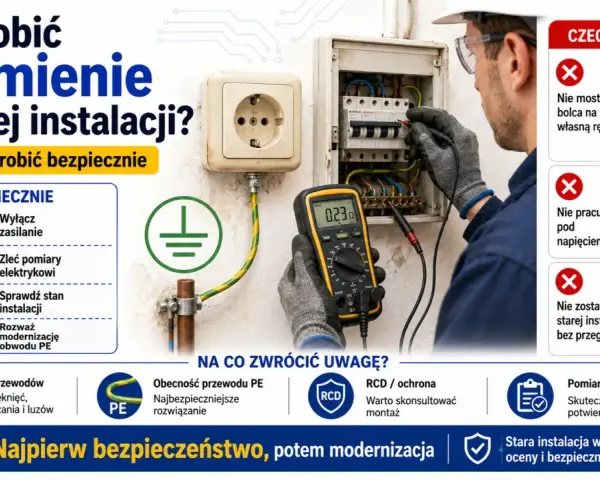 Elektryk sprawdza uziemienie w starej instalacji multimetrem. Poradnik: jak zrobić uziemienie w starej instalacji bezpiecznie.
