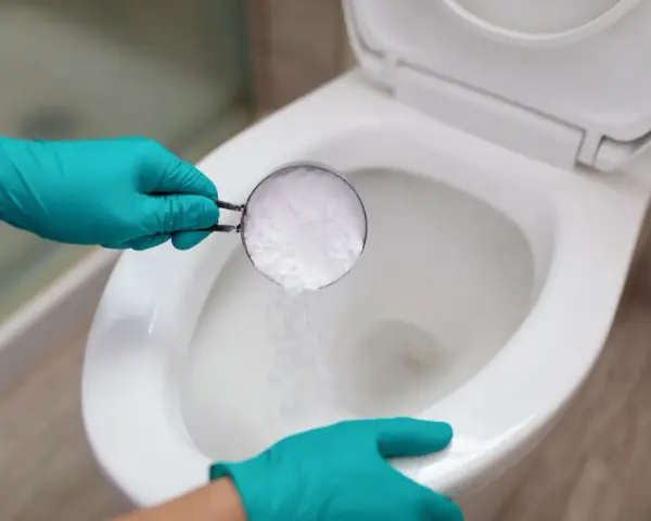 Hands in teal gloves pour baking soda into a toilet bowl, a method for how to unclog toilet without plunger.