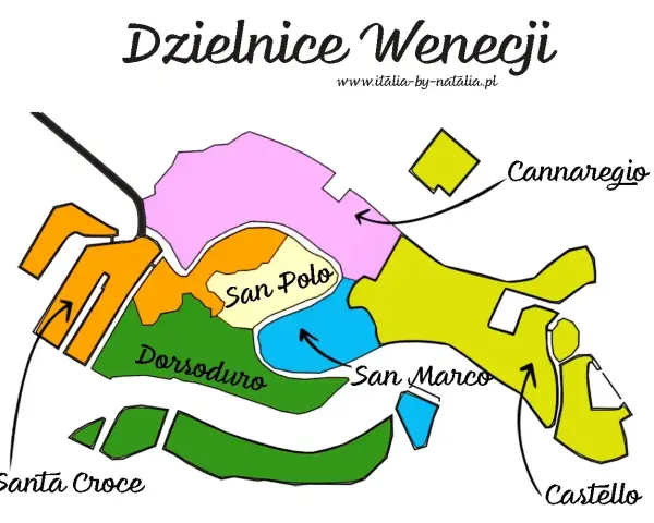 Mapa Wenecji z zaznaczonymi dzielnicami: Cannaregio, Castello, Dorsoduro, San Marco, San Polo, Santa Croce. Idealna do planowania 4-dniowej wycieczki do Wenecji.