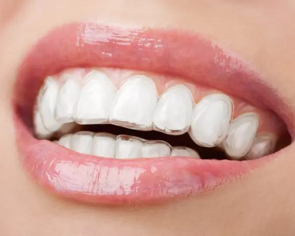 Zbliżenie na usta z widocznym aparatem Invisalign, który dyskretnie koryguje zgryz.