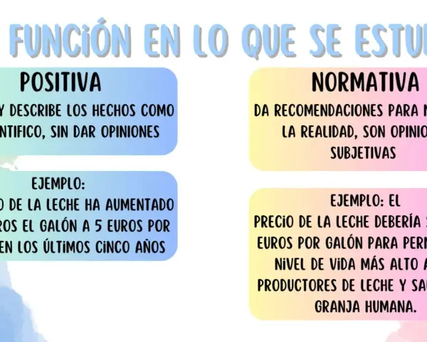 Diferencia entre economía positiva y normativa: la primera describe hechos, la segunda da opiniones para mejorar la realidad.