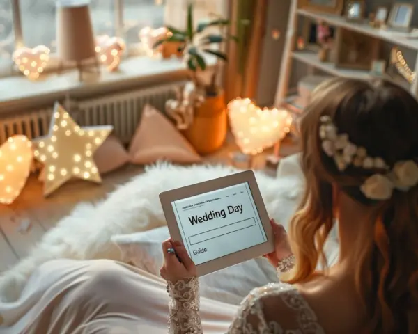 Une mariée consulte un guide sur sa tablette, le "Wedding Day", entourée de lumières en forme de cœur et d'étoiles. Le planning mariage jour j est en cours de préparation.
