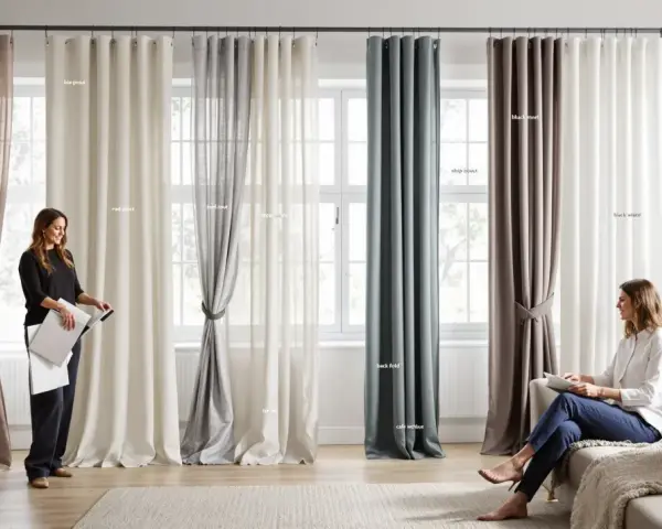Un aperçu de différents types de rideaux, du lin léger au velours épais, présentés dans un salon lumineux.
