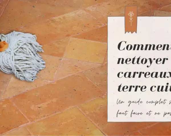 Un seau rouge et une serpillère sur des carreaux de terre cuite, prêts pour le traitement.
