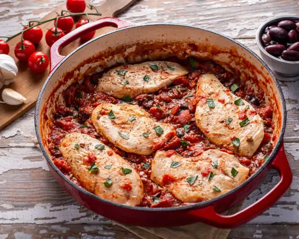 Succulento pollo alla pizzaiola in padella, con pomodoro, olive e capperi, guarnito con prezzemolo fresco.