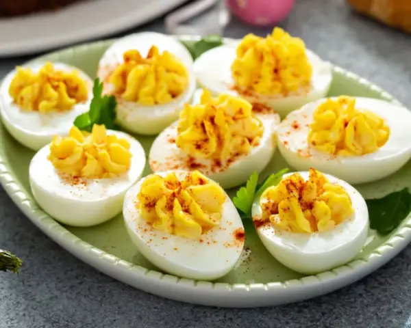 Oeufs mimosa au thon, garniture jaune crémeuse saupoudrée de paprika sur des blancs d'œufs sur une assiette verte.