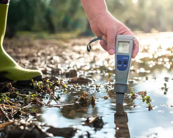 Persona con bota verde mide la calidad del agua con un medidor de pH en un entorno natural.