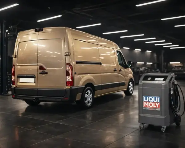 Złoty van w warsztacie obok urządzenia Liqui Moly do wymiany oleju. Idealny do serwisu Master 2.3 ile oleju.