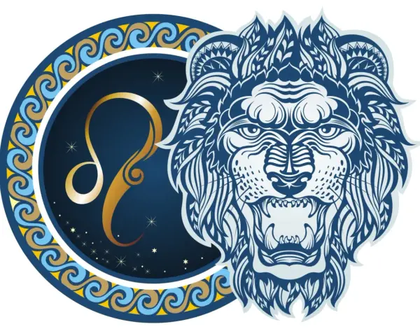 Lew i Rak: dopasowanie znaków zodiaku. Stylizowany lew obok symbolu Lwa.