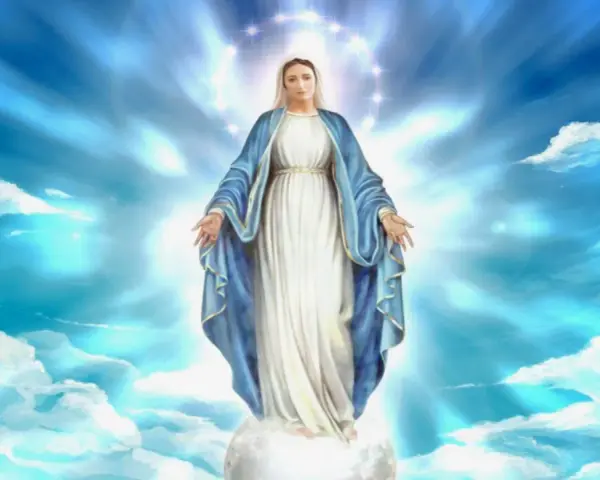 Postać Maryi w błękitnym płaszczu, unosząca się na obłoku, otoczona blaskiem i gwiazdami. Symbol niepokalanego poczęcia.