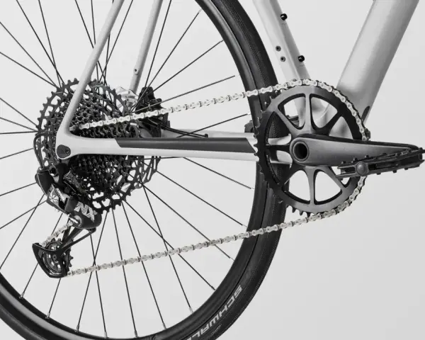 Close-up of a modern MTB drivetrain, featuring a SRAM rear derailleur, a wide-range cassette, and a single-chainring crankset.
