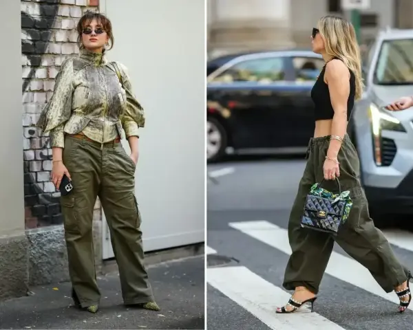 Dwie kobiety w spodniach cargo w kolorze khaki. Jedna w bluzce z wzorem, druga w krótkim czarnym topie.