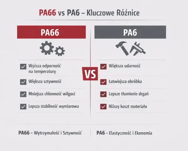 Porównanie PA66 i PA6: grilon PA66 ma wyższą odporność na temperaturę i sztywność, PA6 większą udarność i niższy koszt.