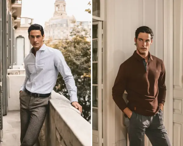 Modello con fisico a triangolo invertito indossa camicia a righe e polo marrone, pantaloni eleganti.