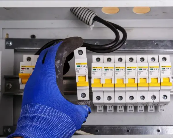Ręka w niebieskiej rękawicy montuje bezpiecznik w skrzynce elektrycznej. Obok widać rząd innych bezpieczników i przewody. To ważny element instalacji, chroniący przed skutkami wyładowań, jak odgromnik.
