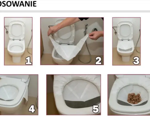 Instrukcja jak pobrać kał do badania: rozłóż papier w toalecie, umieść próbkę, a następnie wyrzuć.