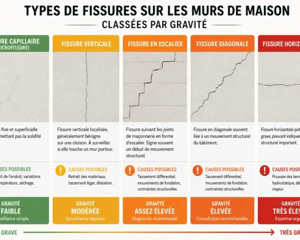 Guide des fissures sur les murs : microfissure, verticale, escalier, diagonale, horizontale. Aide à évaluer le budget rénovation maison.