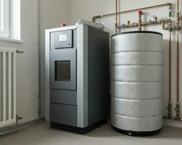Nowoczesny piec na pellet obok zasobnika, który działa jak bufor ciepła, gromadząc energię do ogrzewania domu.