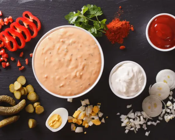 Składniki do sosu tysiąca wysp: majonez, ketchup, papryka, ogórki, jajko, cebula, natka.