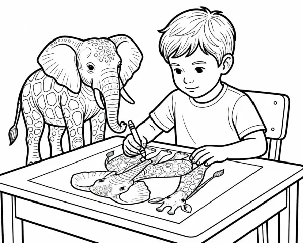 Un garçon apprend comment colorier un éléphant et une girafe sur une feuille.