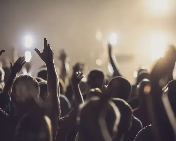 A crowd with raised hands, bathed in warm light, as if in a moment of shared worship or during powerful christian chants.