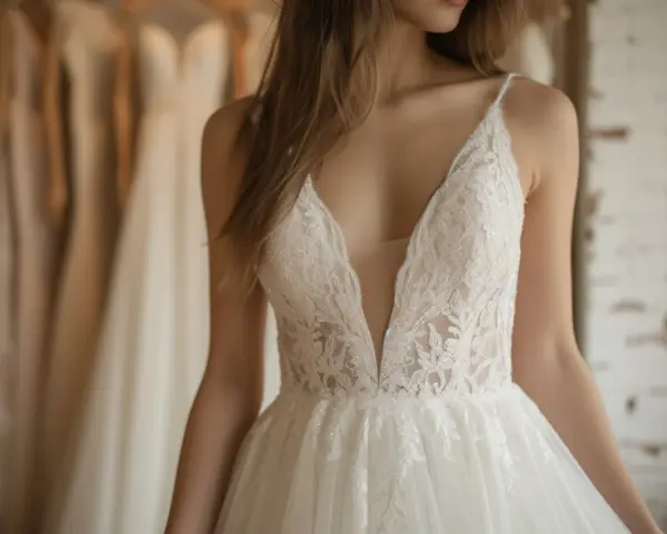 Une mariée essaie une robe en dentelle. Le prix moyen d'une robe de mariée en France varie selon le modèle.