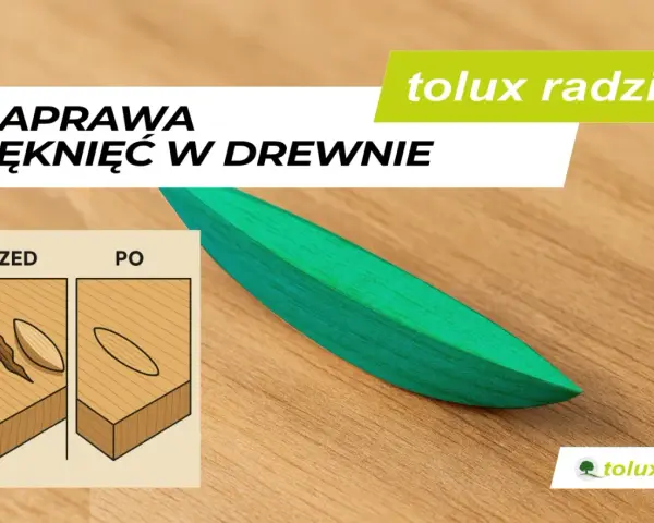 Jak zabezpieczyć pękające drewno? Grafika pokazuje naprawę pęknięć w drewnie przed i po.