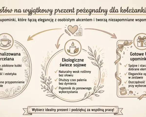 Pomysły na wyjątkowy upominek dla koleżanki z pracy: personalizowana porcelana, ekologiczne świece sojowe i gotowe boxy upominkowe.
