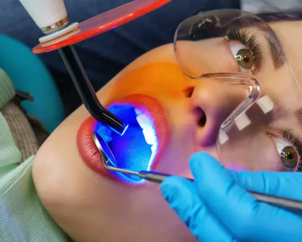 Zabieg malowania zębów światłem UV. Dentysta utwardza materiał, by uzyskać piękny uśmiech.