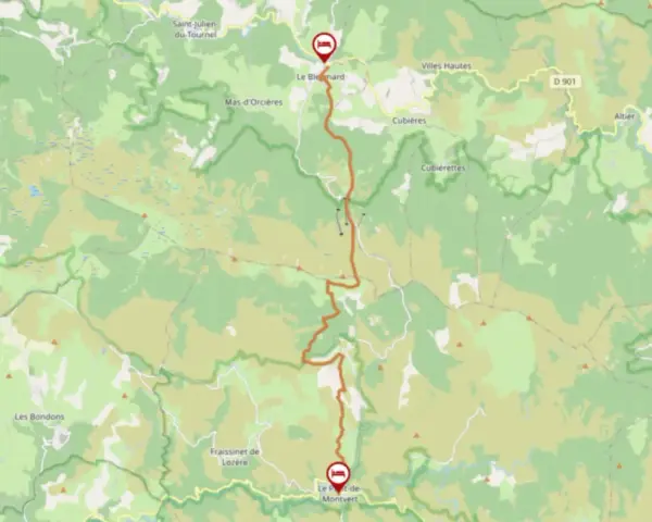 Carte du chemin de Stevenson, montrant le tracé orange traversant des paysages verdoyants et des villages comme Le Bleymard et Le Pont-de-Montvert.