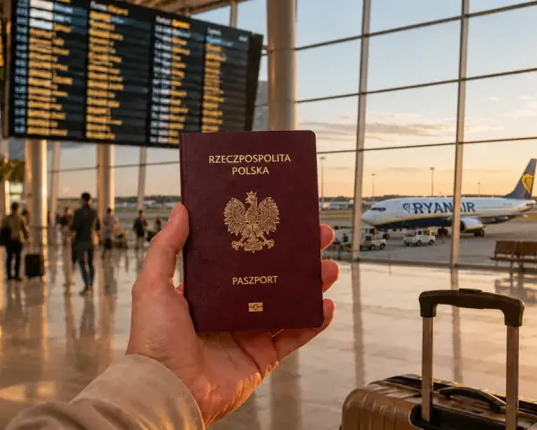 Polska walizka i paszport czekają na lotnisku na podróż. Samolot Ryanair gotowy do startu.