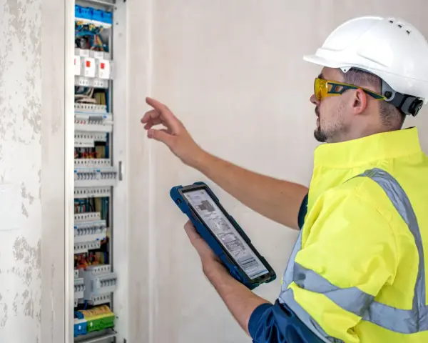 Elektryk w kasku i kamizelce odblaskowej sprawdza rozdzielnicę elektryczną na tablecie.