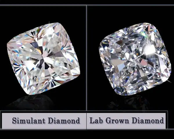 Two cushion-cut diamonds are shown side-by-side. The left is labeled "Simulant Diamond," the right "Lab Grown Diamond.
