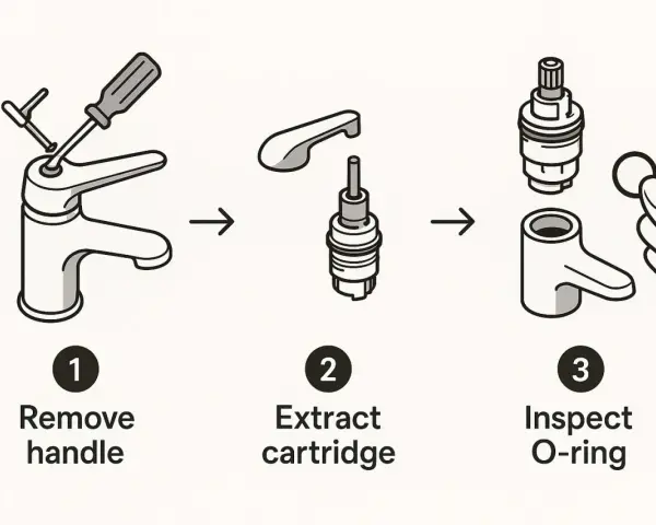 Diagram shows how to fix shower faucet: remove handle, extract cartridge, inspect O-ring.