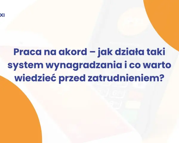 Praca na akord – jak działa taki system wynagradzania? Grafika przedstawia terminal płatniczy i tekst o systemach wynagradzania.