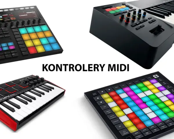 Klawiatury i pady do tworzenia muzyki, takie jak Maschine, AKAI MPK mini i inne urządzenia MIDI, gotowe do pracy.