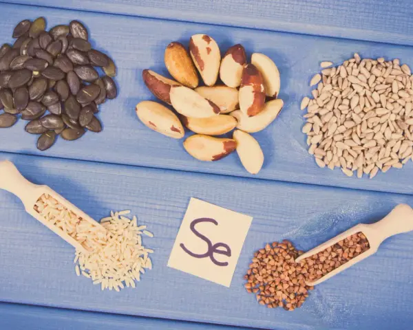 Graines de citrouille, noix du Brésil, graines de tournesol, riz, sarrasin et la carte "Se" symbolisant le sélénium. Découvrez les sélénium bienfaits !