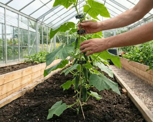 Händer som fäster en gurkplanta vid en stör i ett växthus. Det är en fin dag att odla gurka.