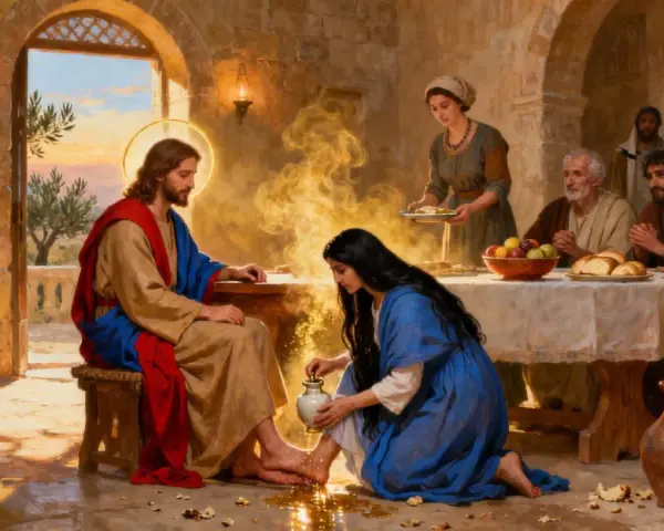 Maria salbt Jesu Füße, wie in Johannes 12 beschrieben. Ein Akt der Liebe und Hingabe.