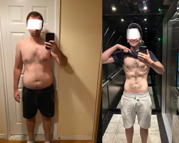 Före- och efterbilder visar en man som gått ner i vikt. Efter en 72 timmars fasta syns tydlig skillnad på magen.