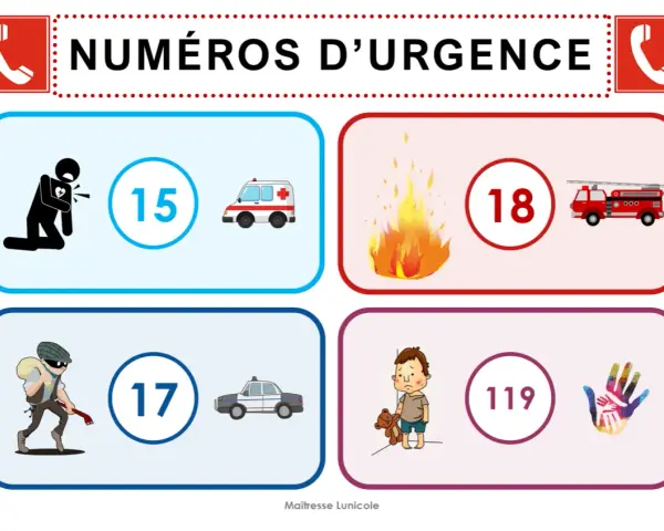 Affichage des numéros d'urgence : 15 pour les secours médicaux, 18 pour les pompiers, 17 pour la police et 119 pour les enfants en détresse.