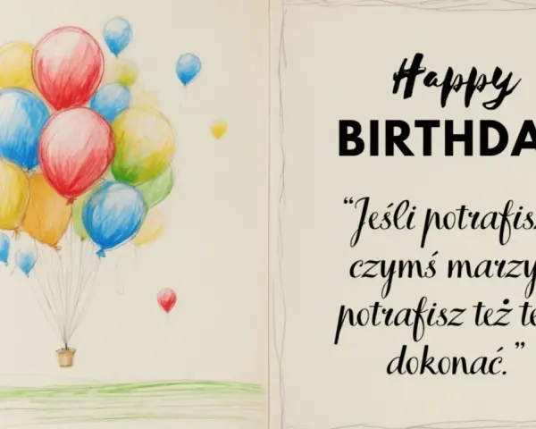 Balony unoszą się w powietrzu, towarzysząc życzeniom "Happy Birthday". Cytaty na urodziny przypominają, że marzenia się spełniają.
