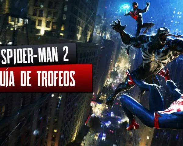 Spider-Man 2: Guía de Trofeos. Venom y Miles Morales luchan contra Spider-Man en la ciudad, buscando trofeos ocultos.