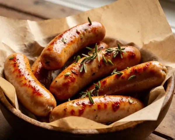 Saftige bratwurst im airfryer, goldbraun und mit Rosmarin garniert, serviert in einer Holzschale auf rustikalem Untergrund.